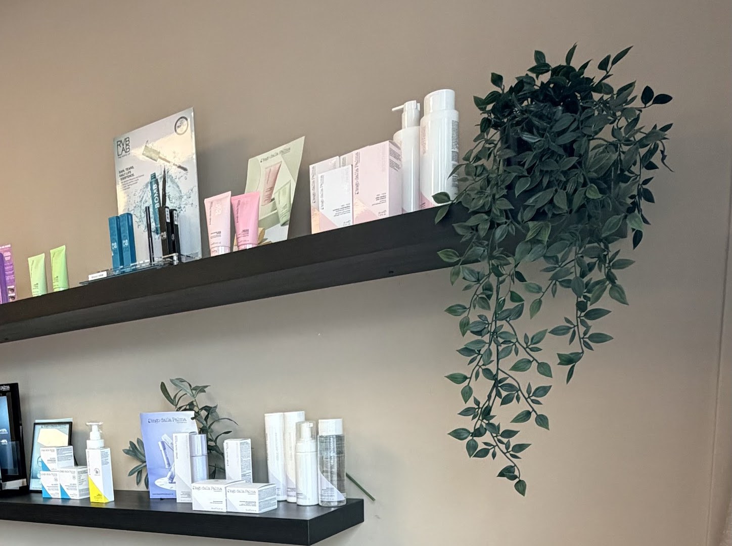Zwarte zwevende planken met huidverzorgingsproducten en een hangplant in de salon